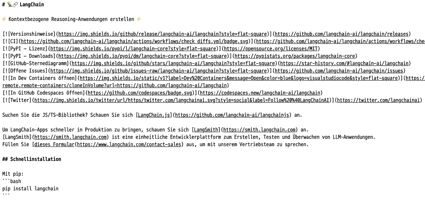 Der rohe Markdown-Text der README-Datei im GitHub-Repository von LangChain.