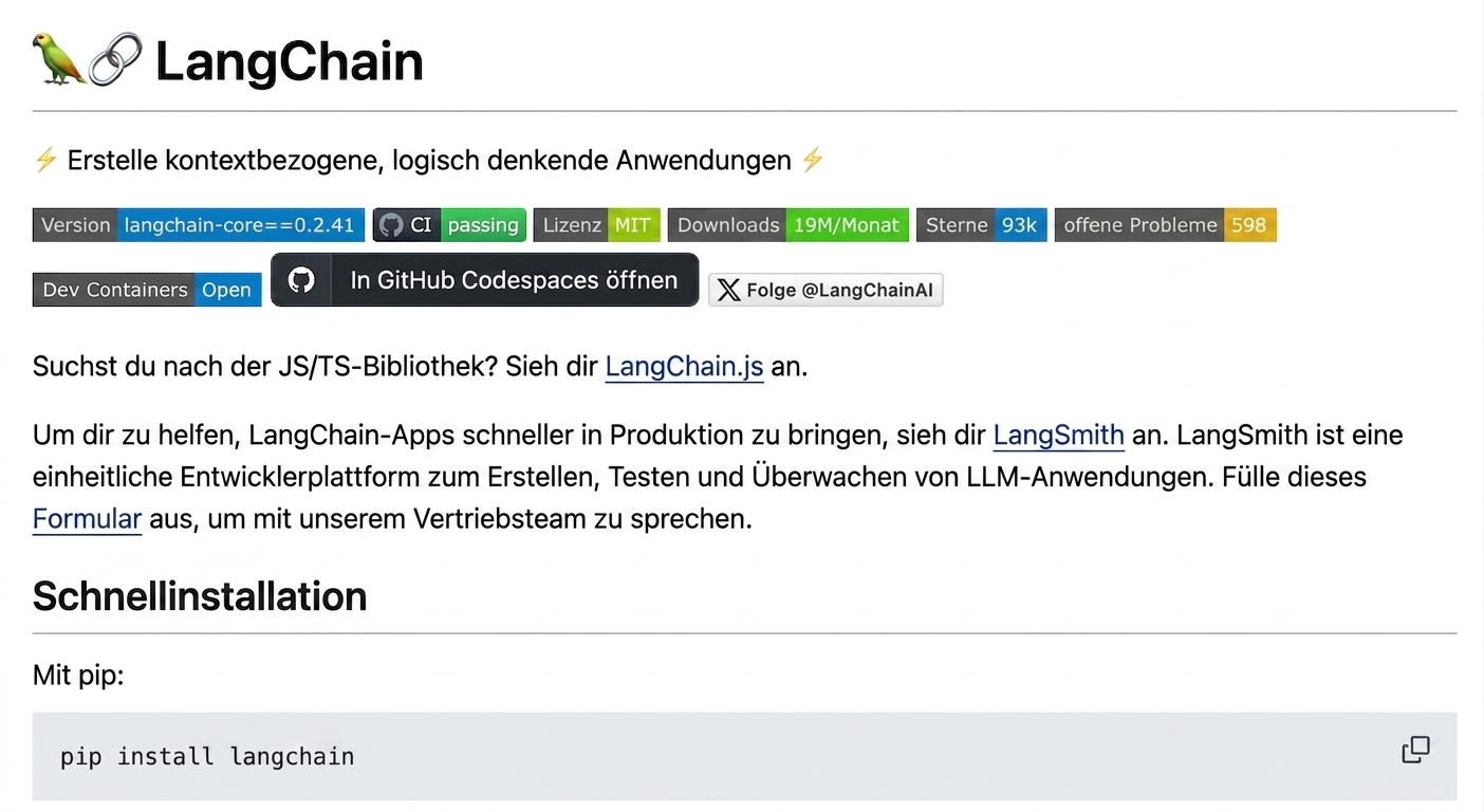 Gerenderter Markdown aus der README.md von LangChain auf GitHub.