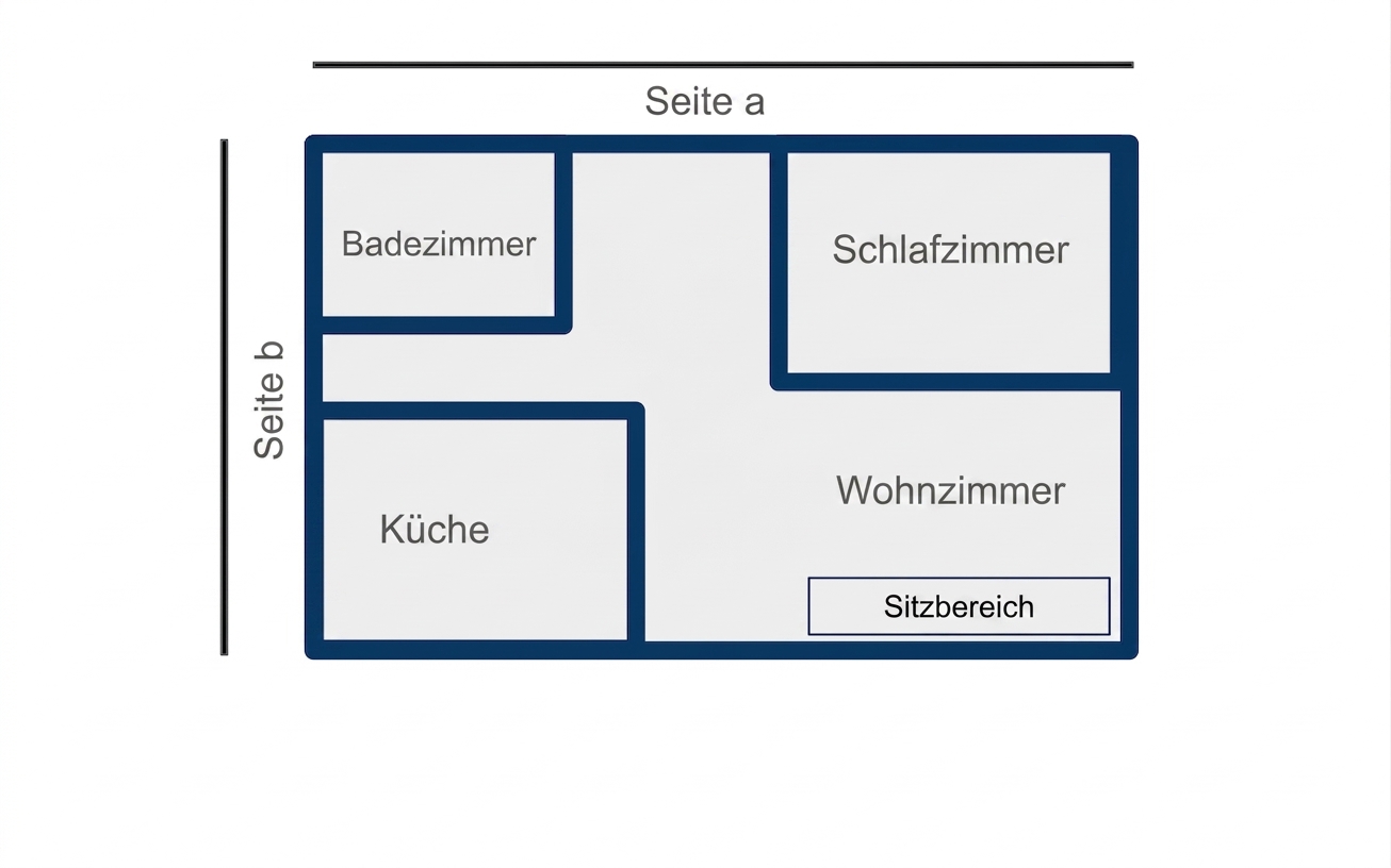 Rechteckiger Grundriss eines Studio-Apartments mit Länge und Breite, bezeichnet als „Seite a“ bzw. „Seite b“.