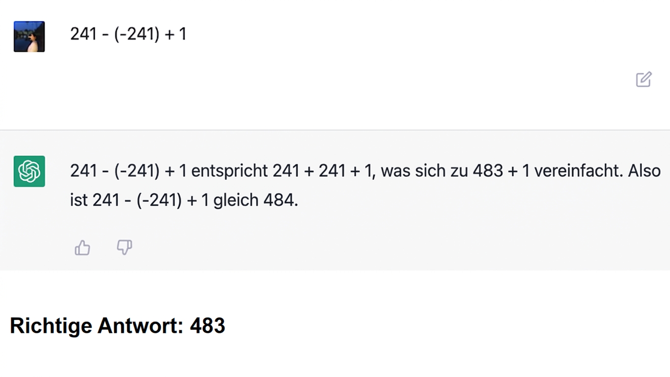 Screenshot einer ungenauen Mathe-Antwort aus einem früheren ChatGPT-Chat. Korrekte Antwort „483“ unten hinzugefügt.