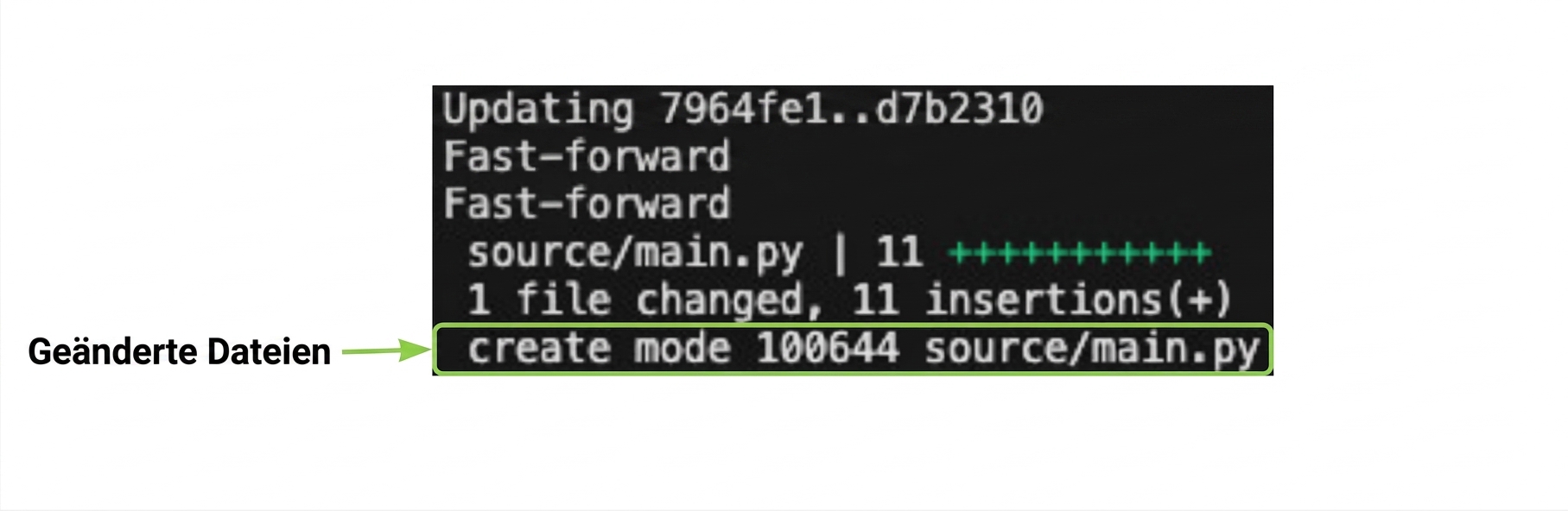 git_merge_output mit Hervorhebung in der letzten Zeile, die den Namen der erstellten Datei zeigt