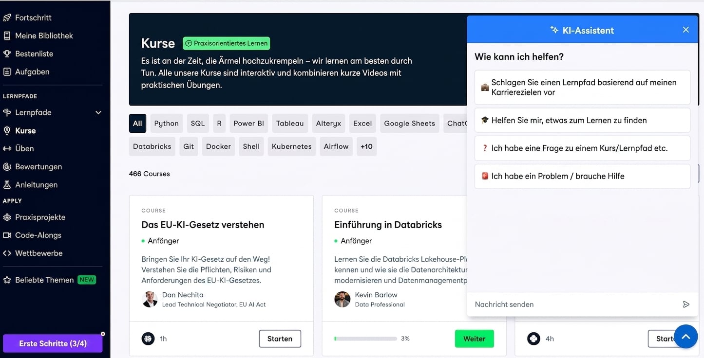 DataCamp-Kursseite mit dem KI-Assistenten