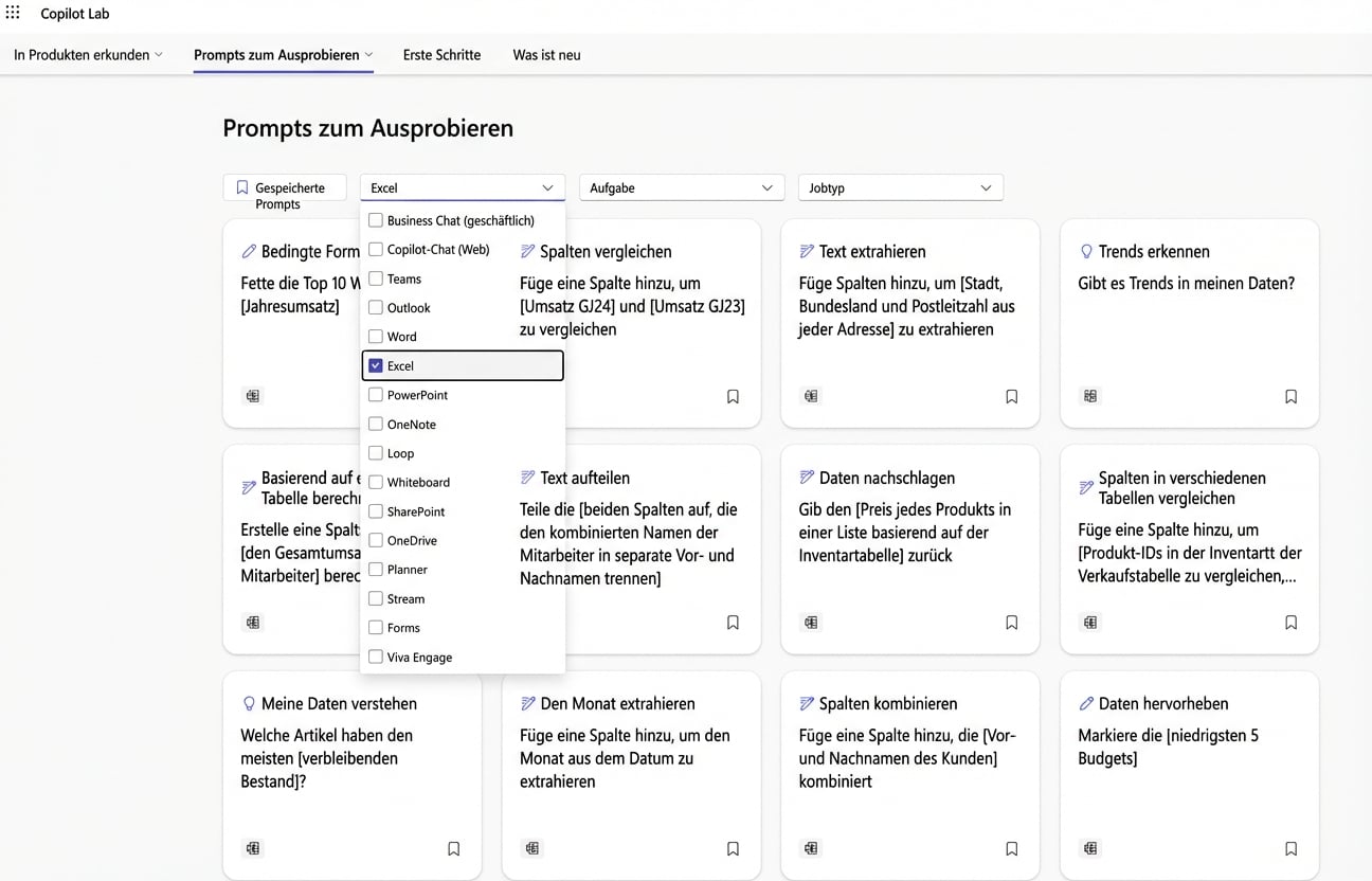 Eine Reihe von Vorschlägen von Copilot Lab mit einem Dropdown-Filter.