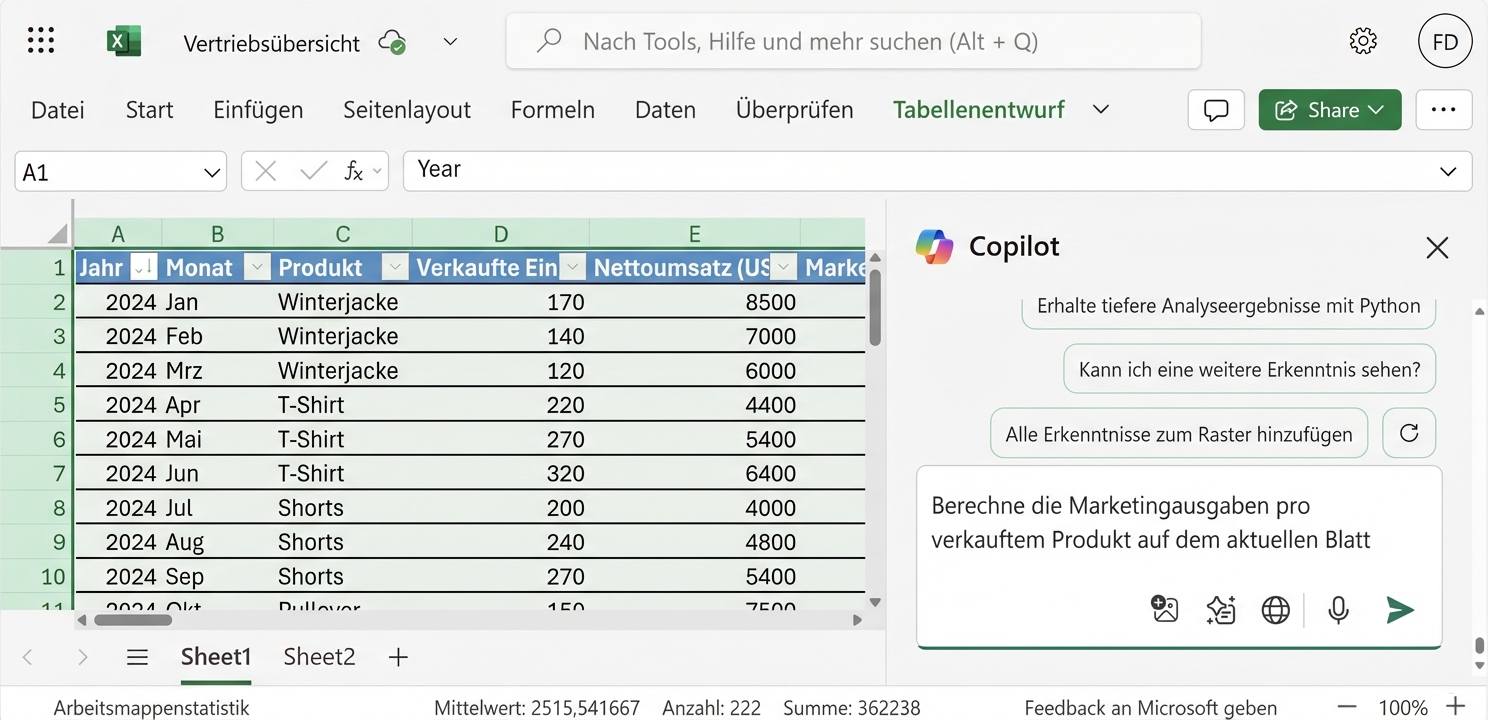 Ein offenes Excel-Dokument mit Daten zu Kleidungsstücken und ein Copilot-Chat am Rand, in welchem gefragt wird, wie man die durchschnittlichen Marketingausgaben pro Produkt auf dem aktuellen Tabellenblatt berechnet
