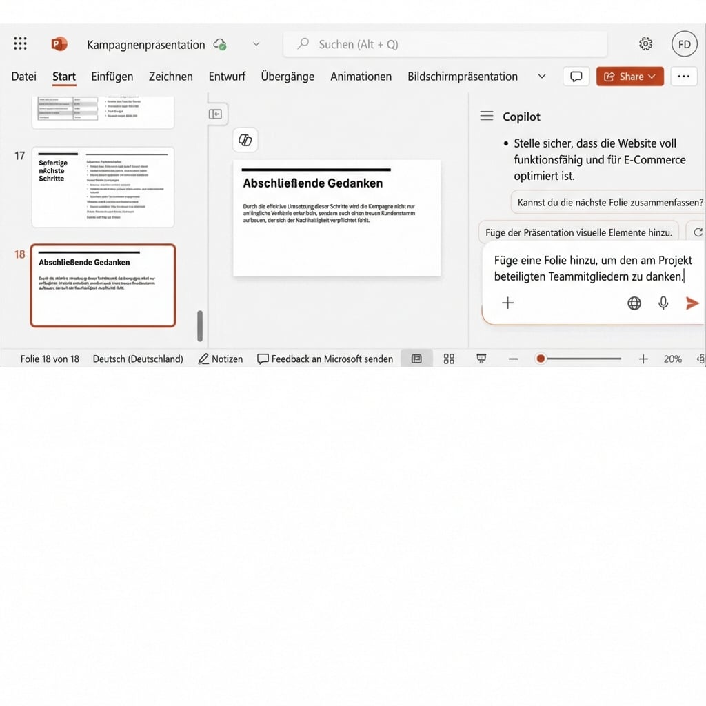 PowerPoint-Folie mit geöffnetem Copilot-Chat, in dem darum gebeten wird, eine weitere Folie hinzuzufügen.