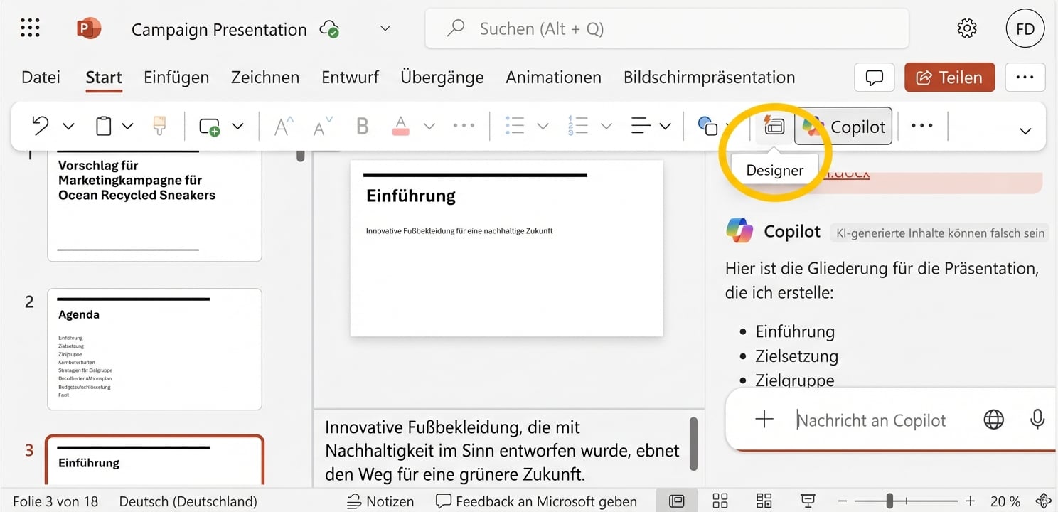 Screenshot der PowerPoint-Präsentation, mit hervorgehobenem Designer