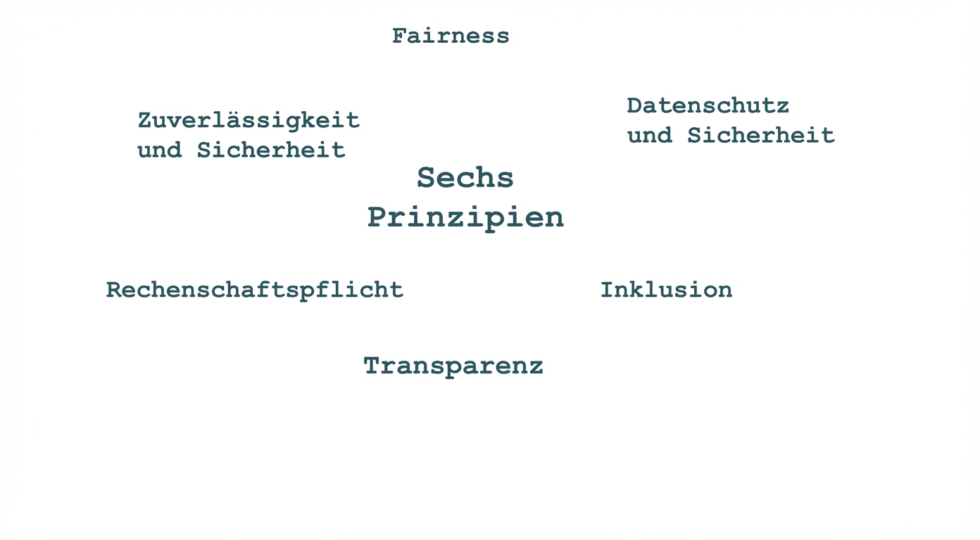 Ein Text mit dem Titel „Sechs Grundsätze“, umgeben von den Begriffen, die diese Grundsätze beschreiben: Fairness, Datenschutz und Sicherheit, Zuverlässigkeit, Verantwortlichkeit, Inklusivität und Transparenz.