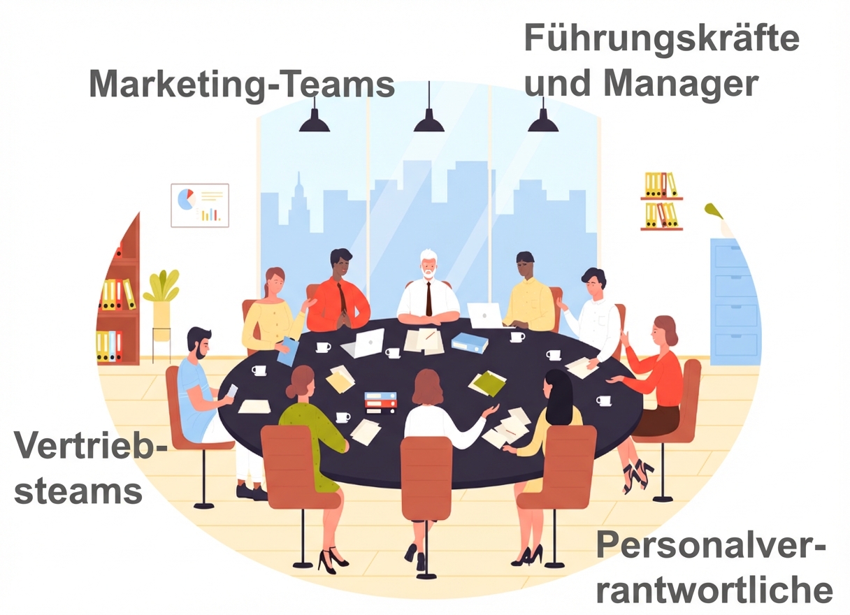 Bild von einer bunten Gruppe von Leuten aus verschiedenen Bereichen, wie Marketing, Vertrieb, Personalwesen und Führungskräfte, die in einem Besprechungsraum an einem großen Konferenztisch sitzen.