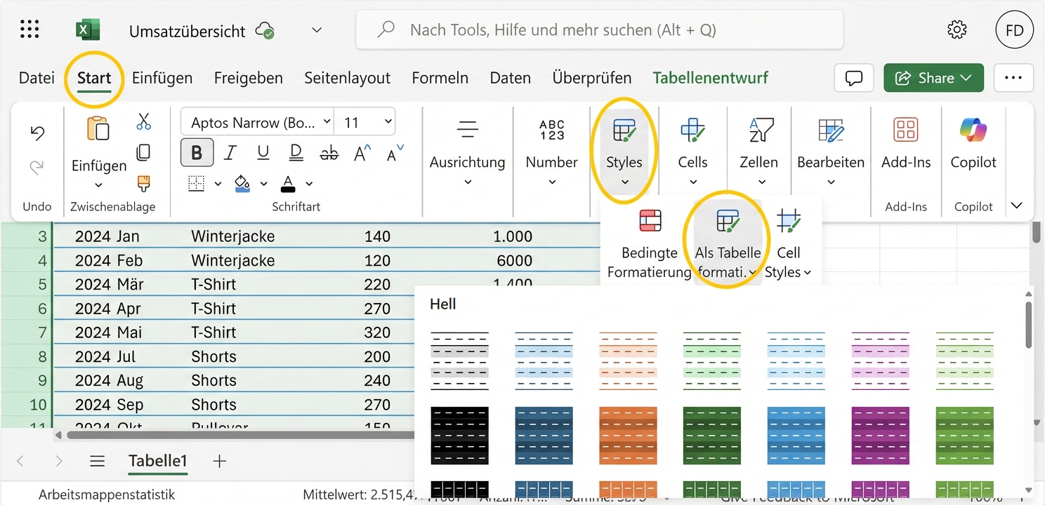 Ein offenes Excel-Dokument, das zeigt, wie man Daten als Tabelle formatiert.
