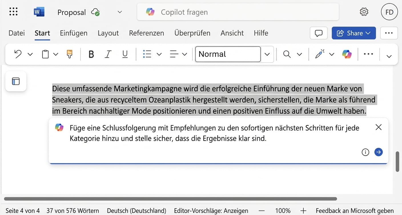 Ein Screenshot des hervorgehobenen Absatzes, der geändert werden muss, und der Copilot-Chat darunter, in dem die nutzende Person um Verbesserungen bittet.
