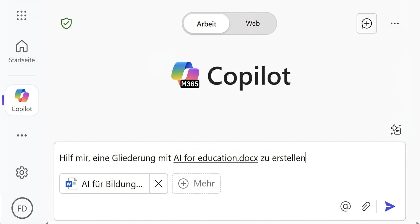 Screenshot des Chats „Entwurf mit Copilot“ mit einer Eingabeaufforderung, beim Erstellen eines Entwurfsberichts anhand einer bestimmten Datei helfen.