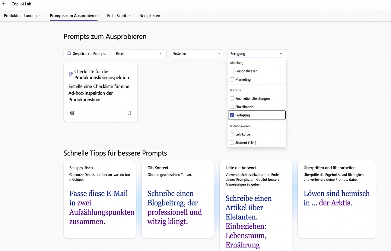 Eine Reihe von Vorschlägen von Copilot Lab mit einem Dropdown-Filter.