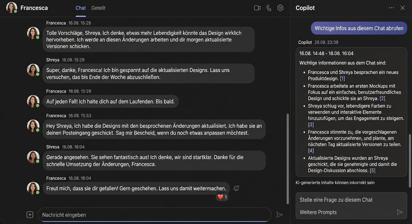 Copilot fasst die wichtigsten Informationen aus einem Chat zusammen.