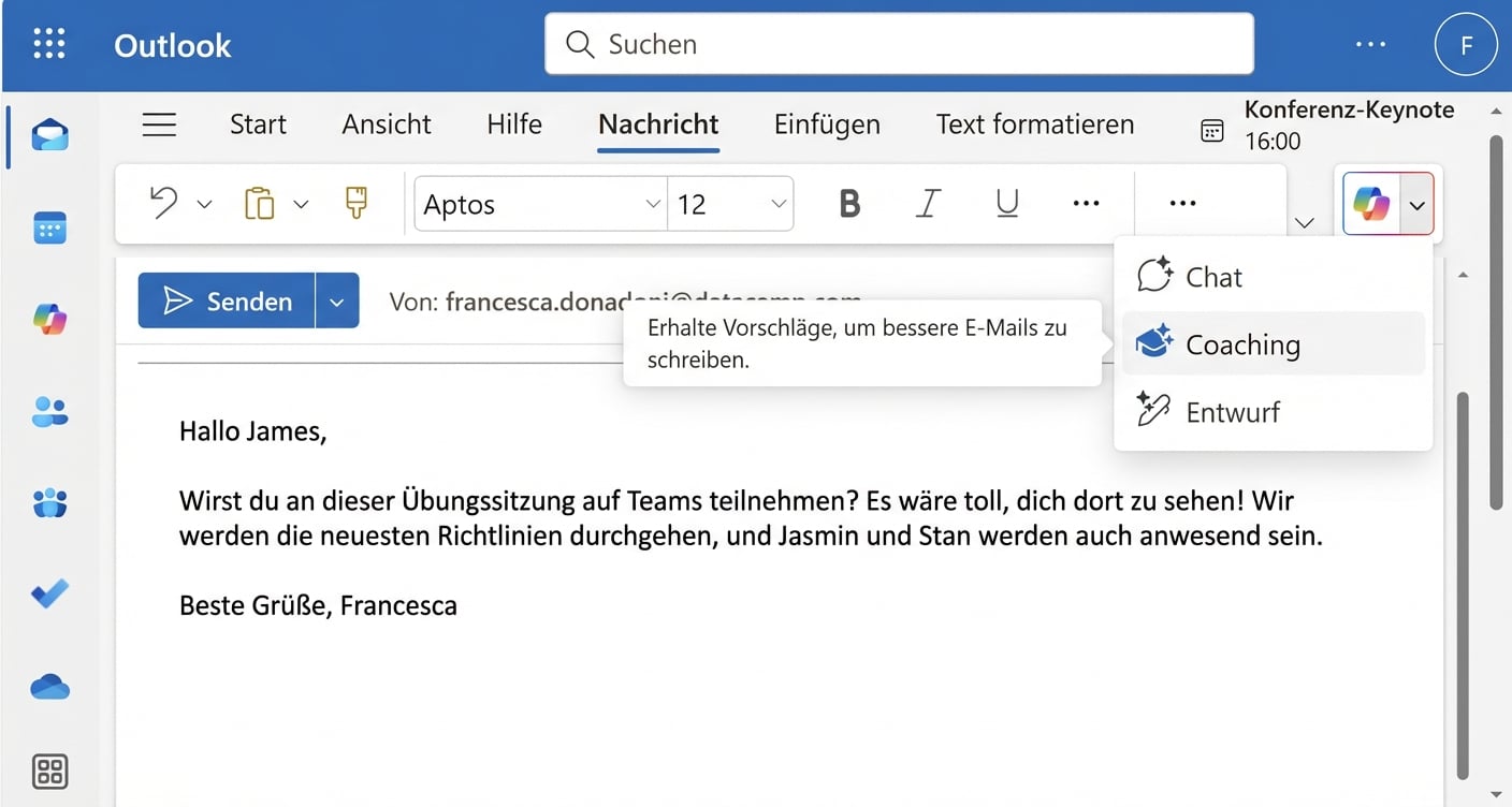 Beispiel für einen E-Mail-Entwurf mit unklaren Punkten