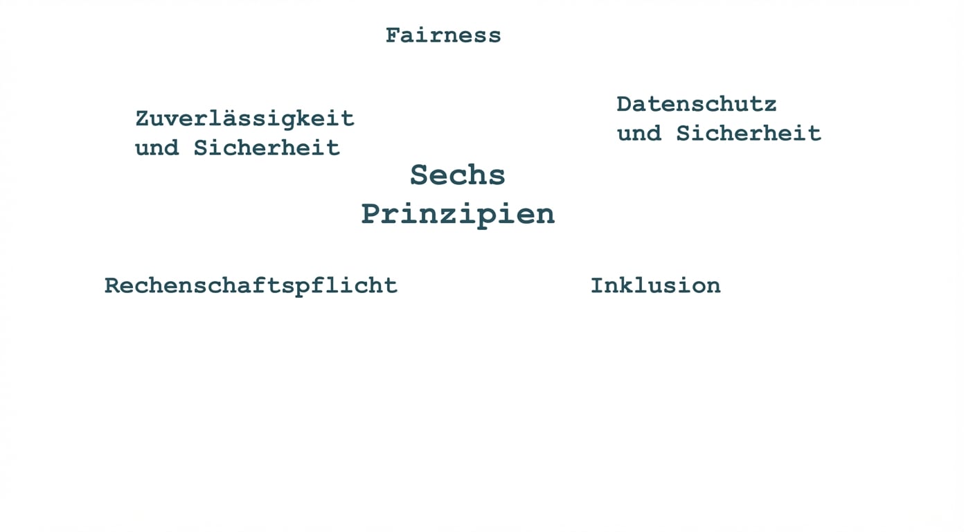 Ein Text mit dem Titel „Sechs Prinzipien“, umgeben von Begriffen, die diese Grundsätze beschreiben: Fairness, Datenschutz und Sicherheit, Zuverlässigkeit, Rechenschaftspflicht, Inklusivität.