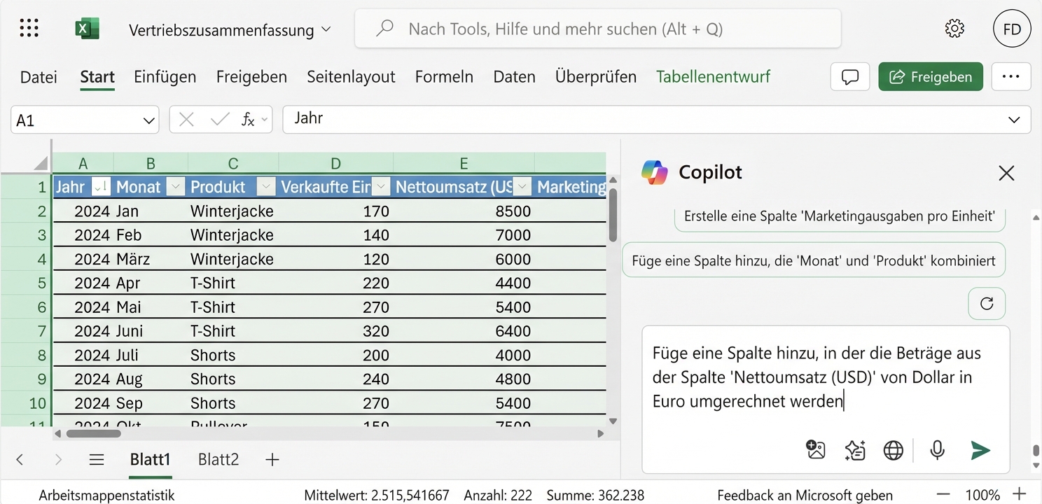 Ein offenes Excel-Dokument mit Daten zu Kleidungsstücken und ein Copilot-Chat am Rand, in welchem gefragt wird, ob die Werte in Euro umgerechnet werden können.
