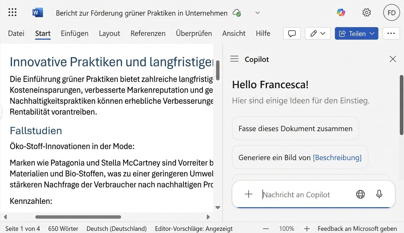 Ein Screenshot von einem geöffneten Word-Dokument mit einem geöffneten Copilot-Chat daneben.