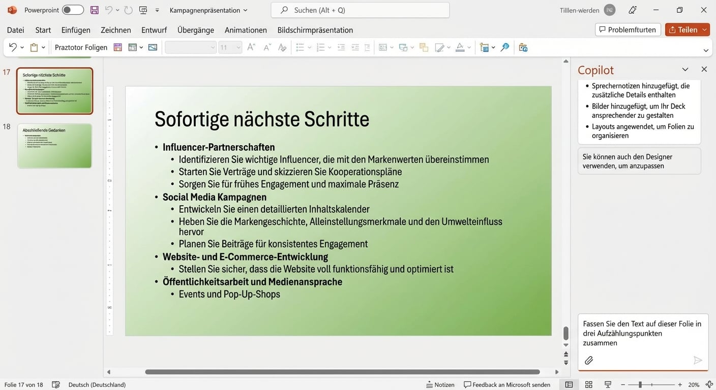Ein Screenshot einer PowerPoint-Folie mit dem Copilot-Chat an der Seite, in welchem um eine Zusammenfassung des Textes auf der Folie gebeten wird.