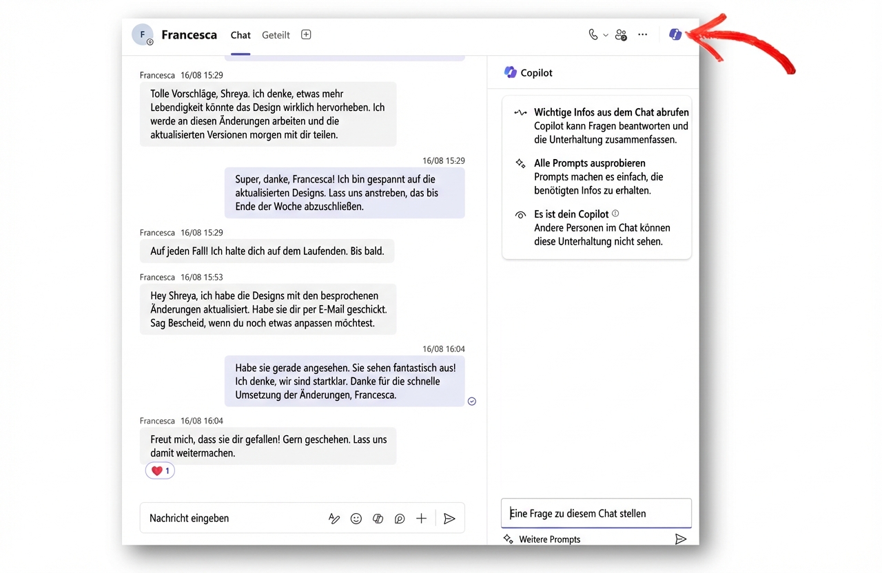 Ein Screenshot eines Microsoft Teams-Chats mit einem Neben-Chat, in dem Fragen an Copilot gestellt werden können. Roter Pfeil auf das Copilot-Symbol