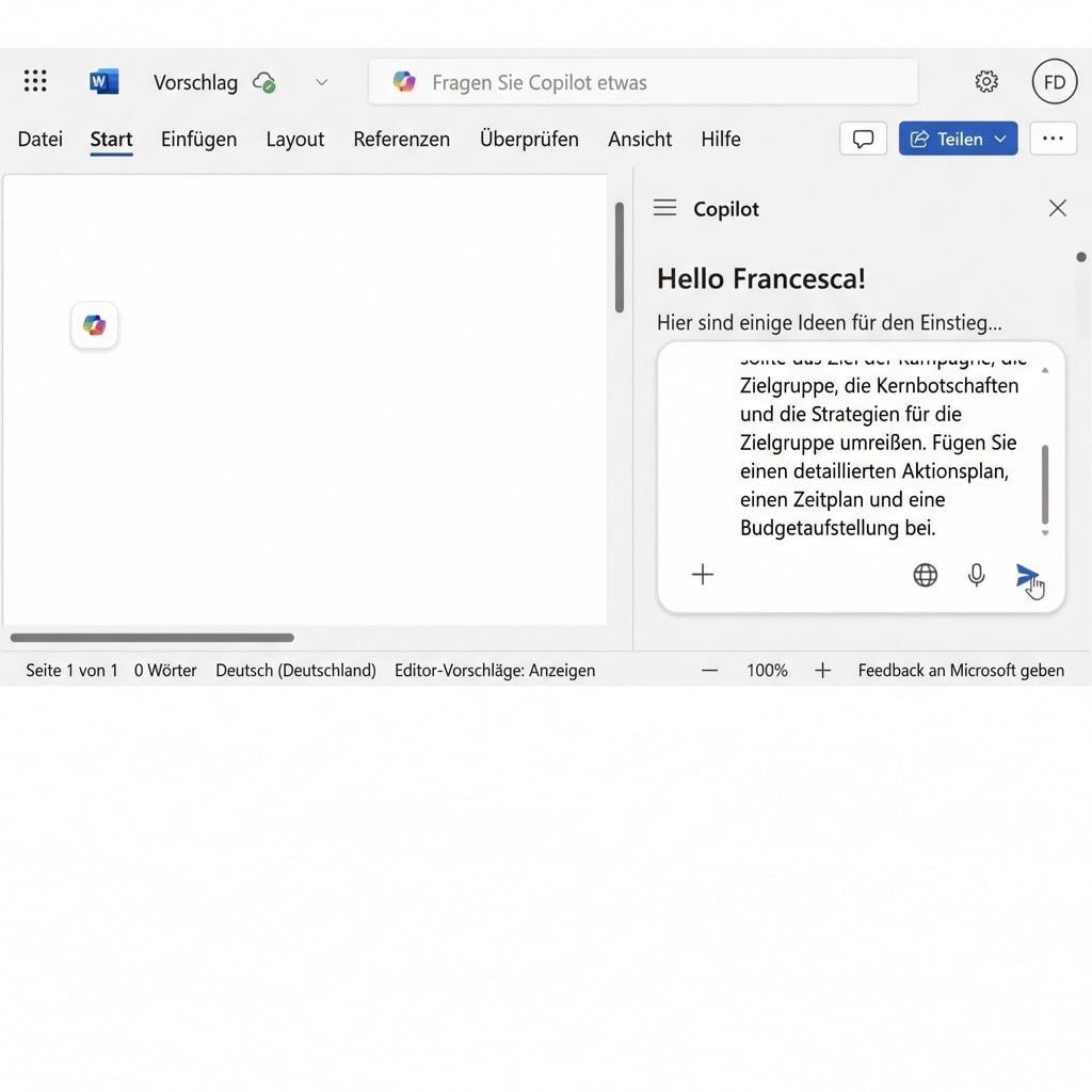 Ein Screenshot eines offenen Copilot-Chats mit der Eingabeaufforderung „Erstelle einen Projektvorschlag für eine neue Marketingkampagne“ und das von Copilot erstellte Dokument für gewünschten Vorschlag.