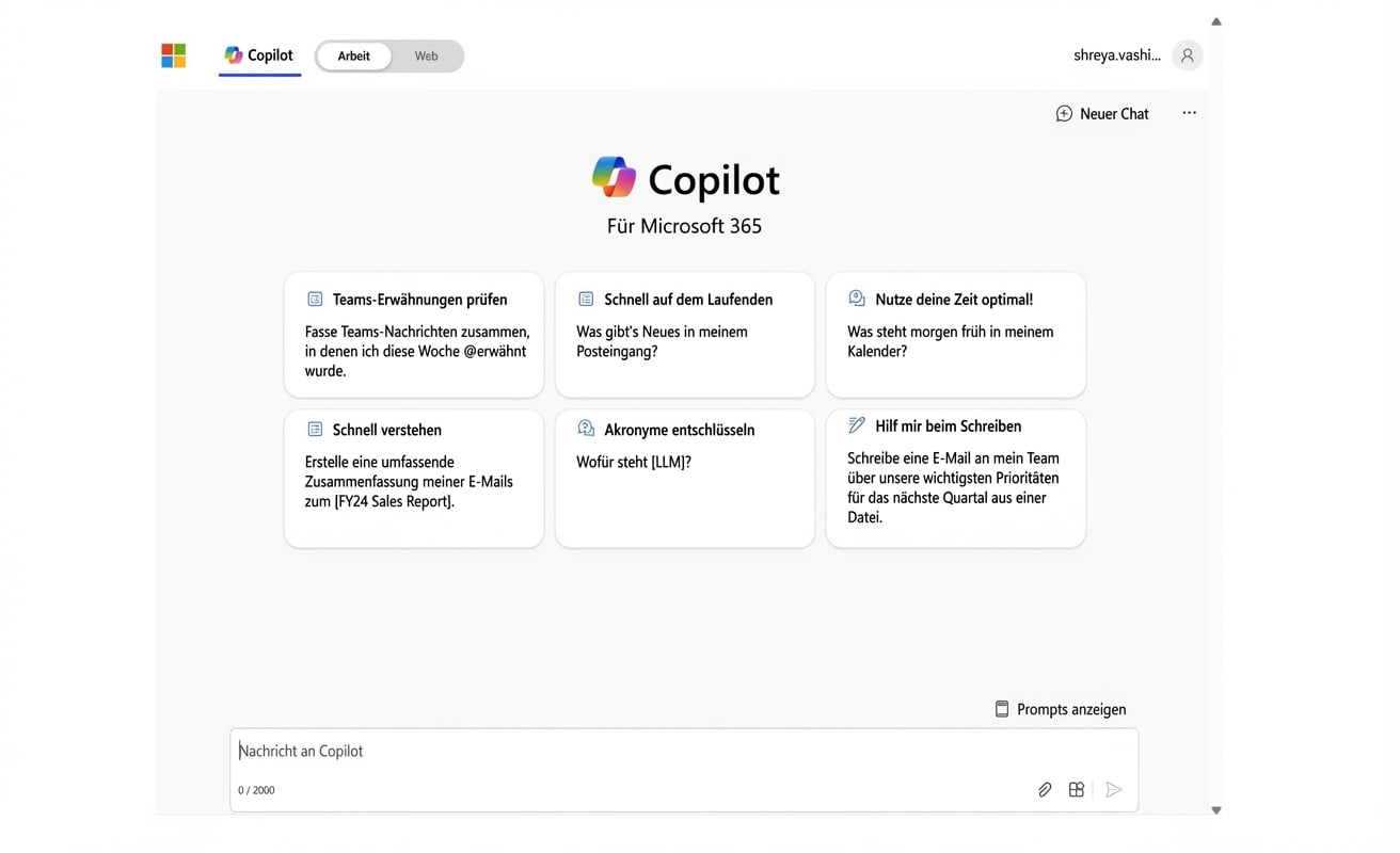 Die Startseite von Copilot für Microsoft 365.