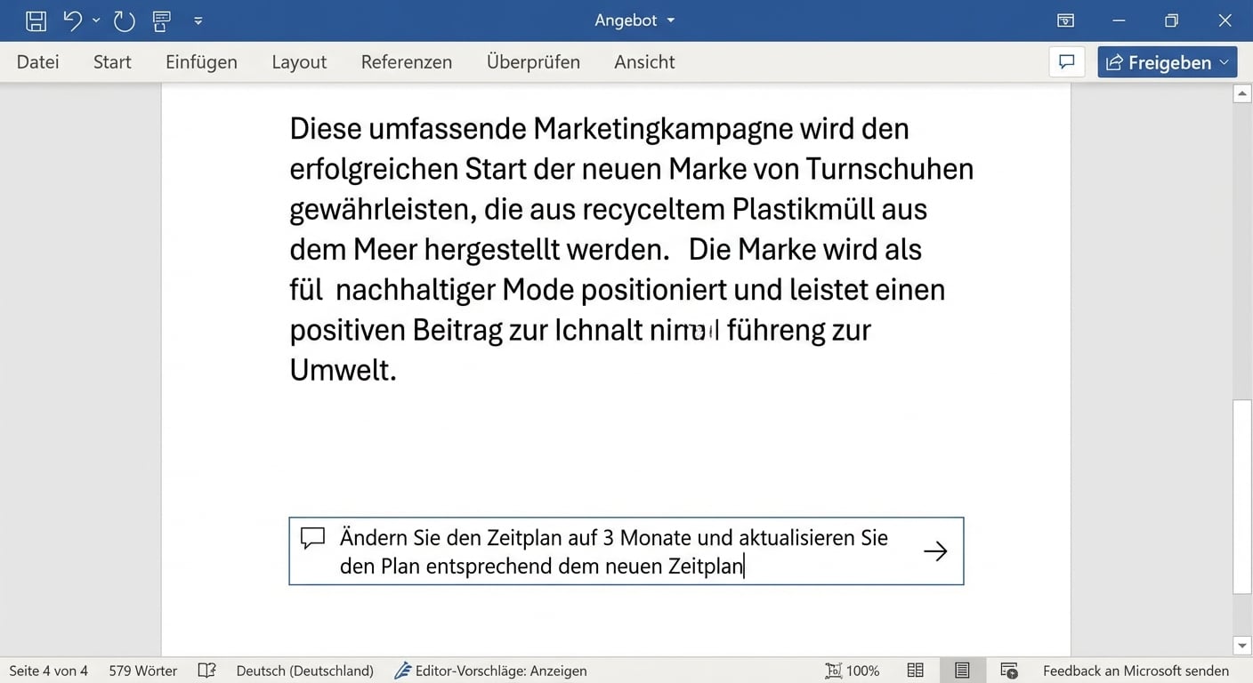 Ein offener Copilot-Chat, in dem die nutzende Person darum bittet, den Zeitraum für das Projekt zu ändern.
