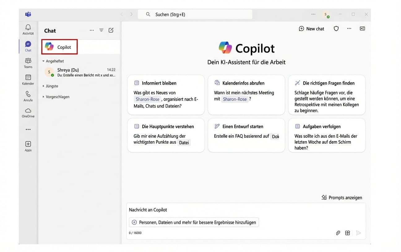 Screenshot von Microsoft Teams mit dem geöffneten Copilot-Chat und dem Copilot-Symbol oben links, rot eingekreist.