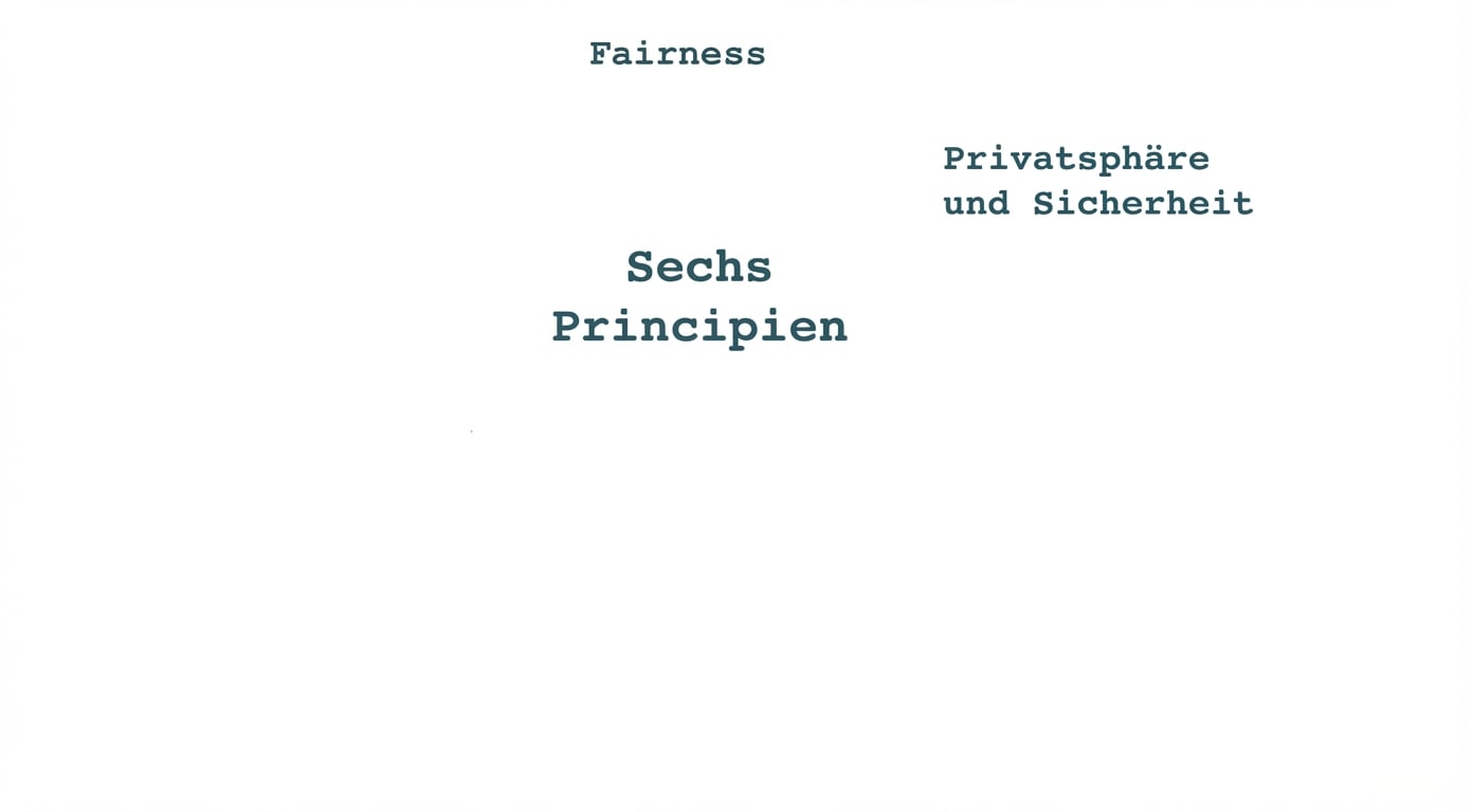 Ein Text mit dem Titel „Sechs Prinzipien“, umgeben von den Begriffen, die diese Prinzipien beschreiben: Fairness, Datenschutz und Sicherheit.