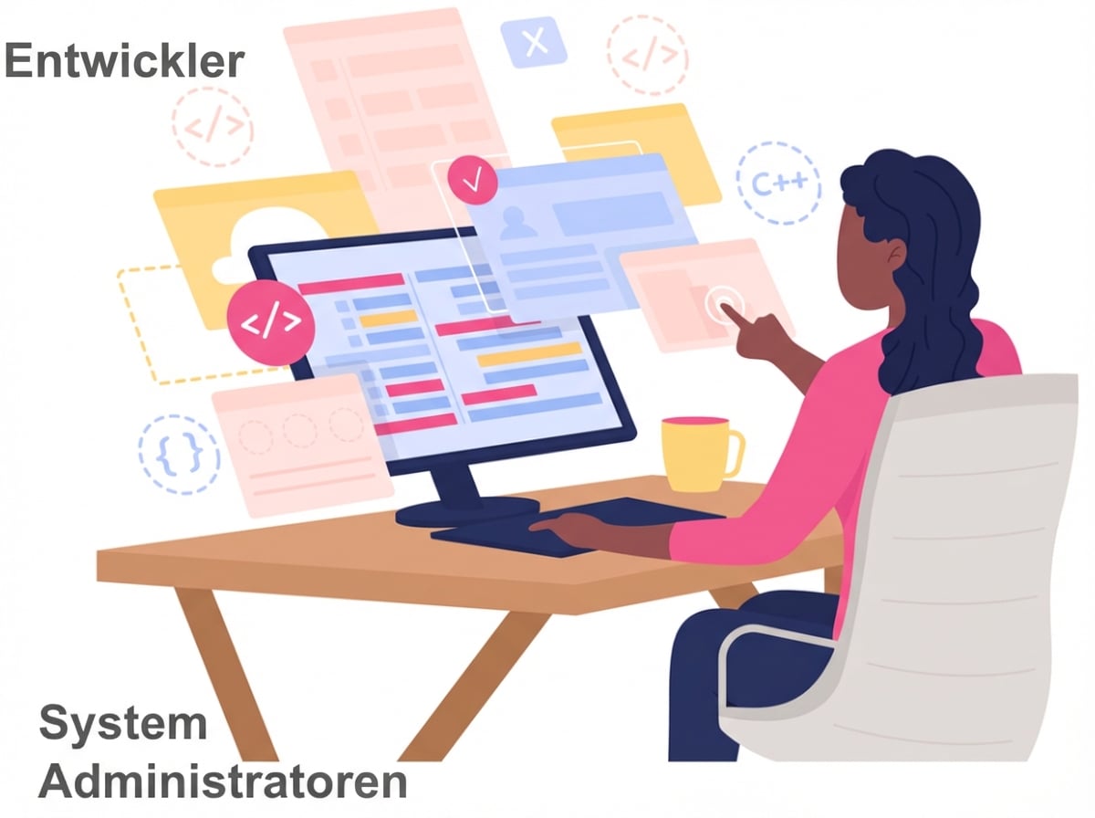 Eine Entwicklerin oder Systemadministratorin, die an einem Schreibtisch mit mehreren Bildschirmen arbeitet, auf denen Code und Systemschnittstellen angezeigt werden, die technische Aufgaben repräsentieren.
