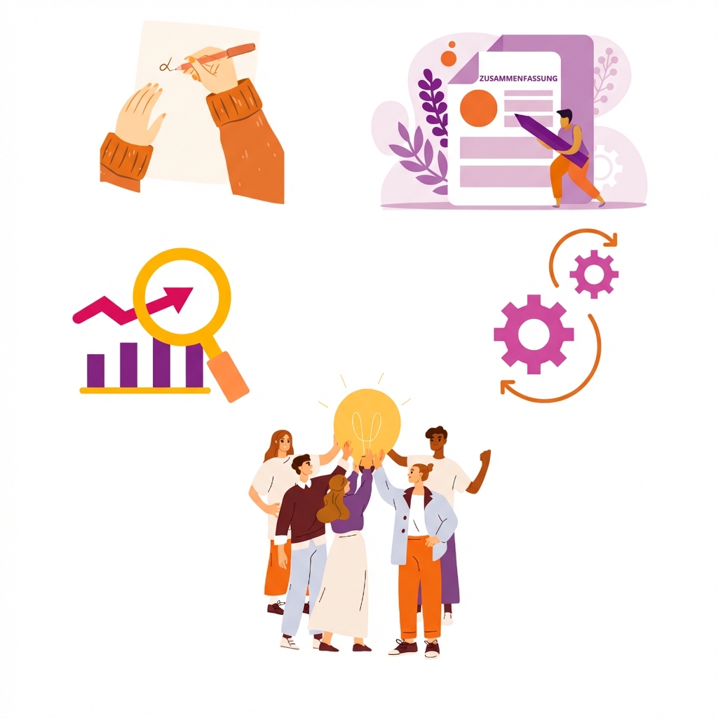 Fünf Symbole, die dafür stehen, wie man Aufgaben in Copilot erstellen, zusammenfassen, analysieren, automatisieren und gemeinsam an ihnen arbeiten kann.