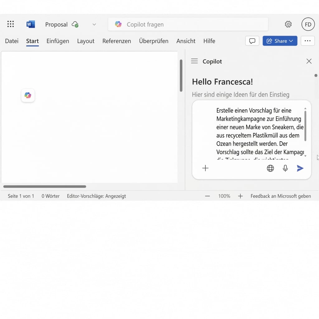 Ein offener Copilot-Chat mit der Eingabeaufforderung „Erstelle einen Projektvorschlag für eine neue Marketingkampagne“.