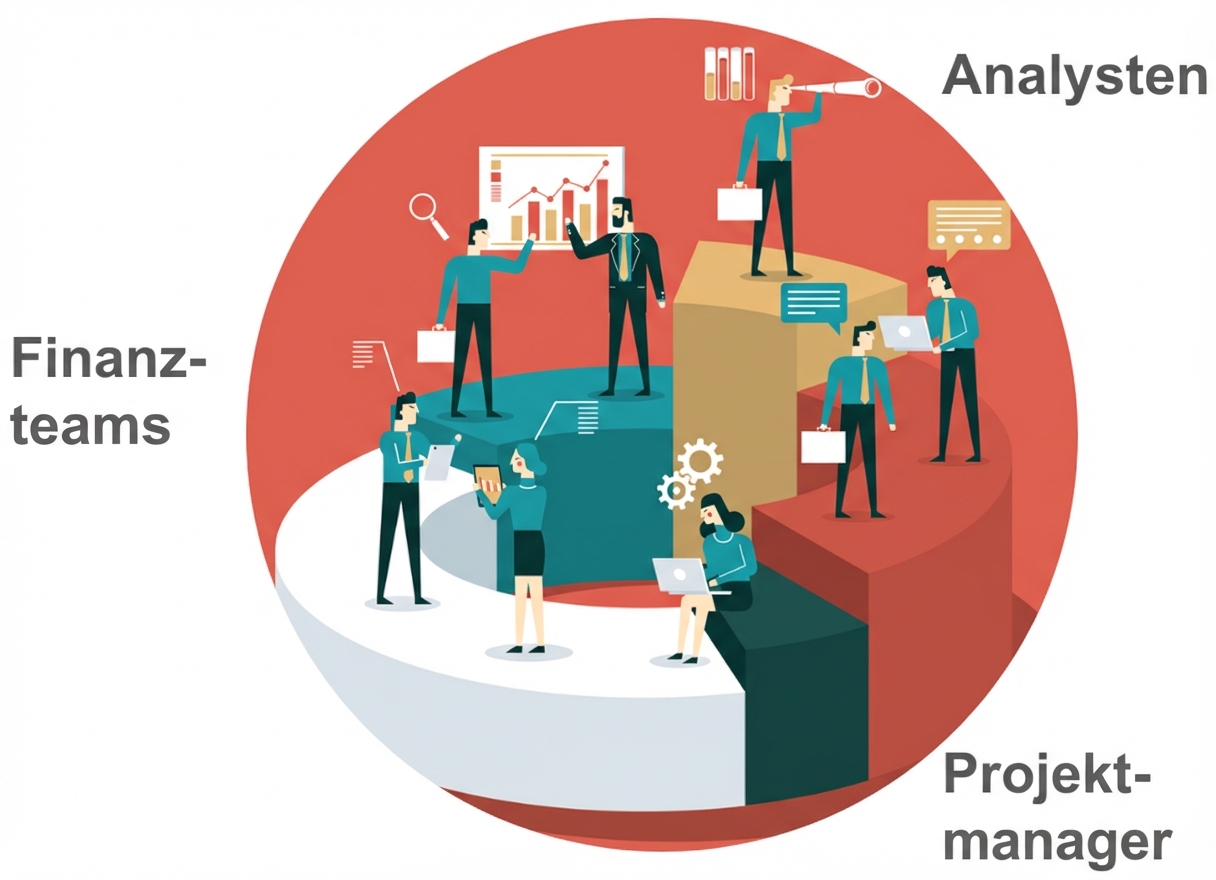 Fachleute für Analytics, Projektmanagement oder Finanzen, die in einem Team zusammenarbeiten und Wissensarbeitende repräsentieren.