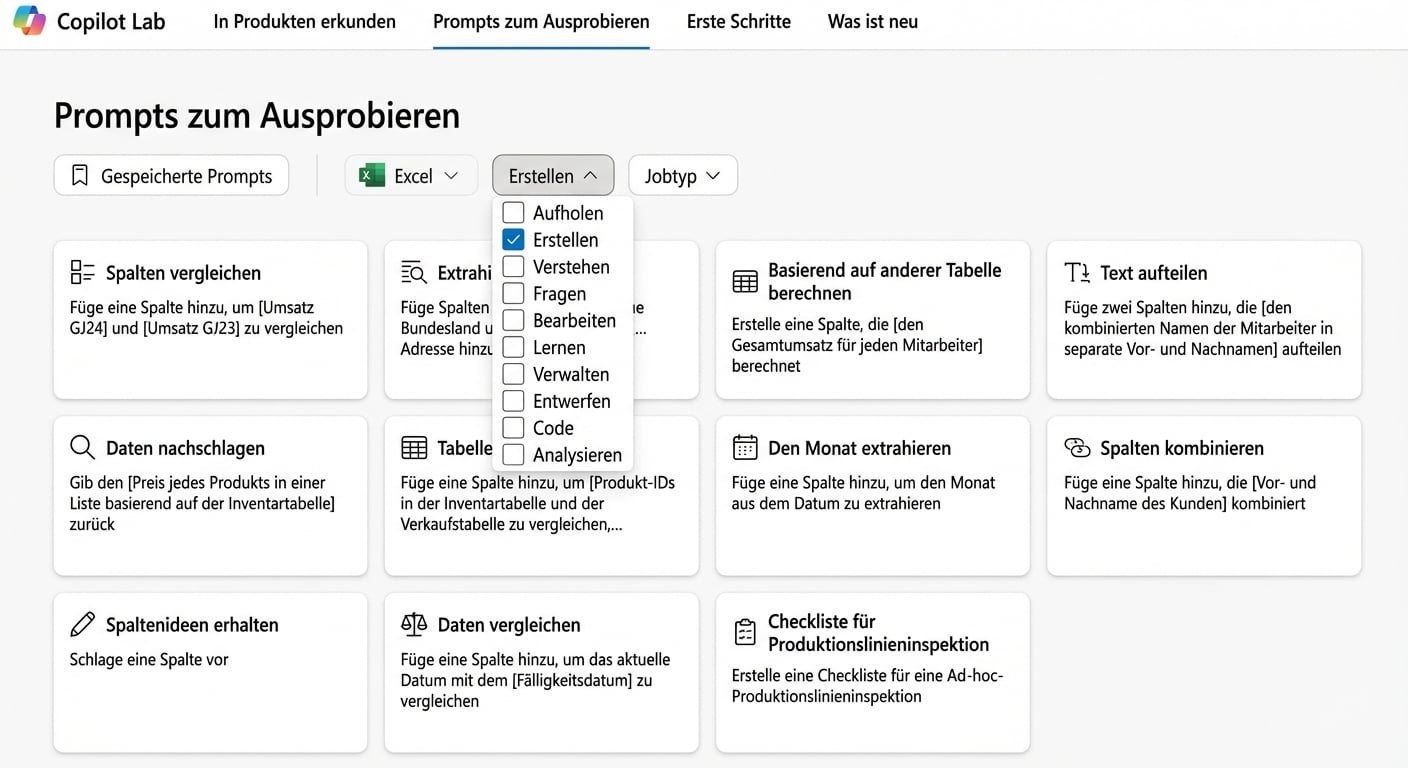Eine Reihe von Vorschlägen von Copilot Lab mit verschiedenen Dropdown-Filtern.