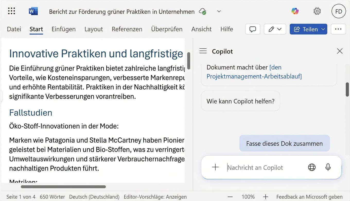Ein Screenshot eines geöffneten Word-Dokuments mit einem geöffneten Copilot-Chat an der Seite, in dem die nutzende Person um eine Zusammenfassung des Dokuments bittet.