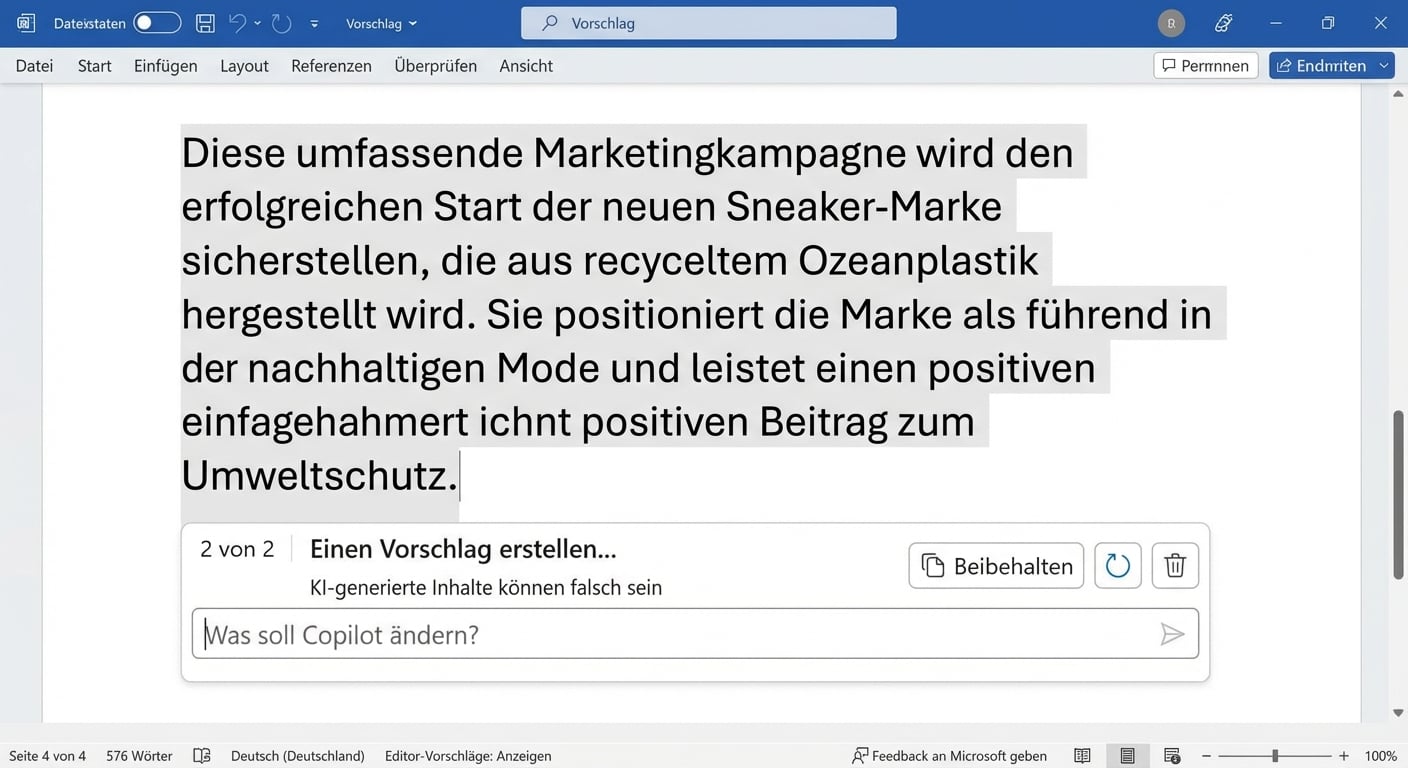 Ein offener Copilot-Chat mit der Option, den Entwurf zu speichern oder weitere Fragen zu stellen.