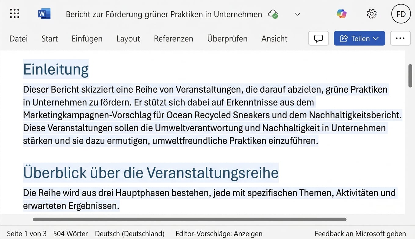 Der Bericht wurde von Copilot anhand von zwei vorhandenen Dokumenten erstellt.