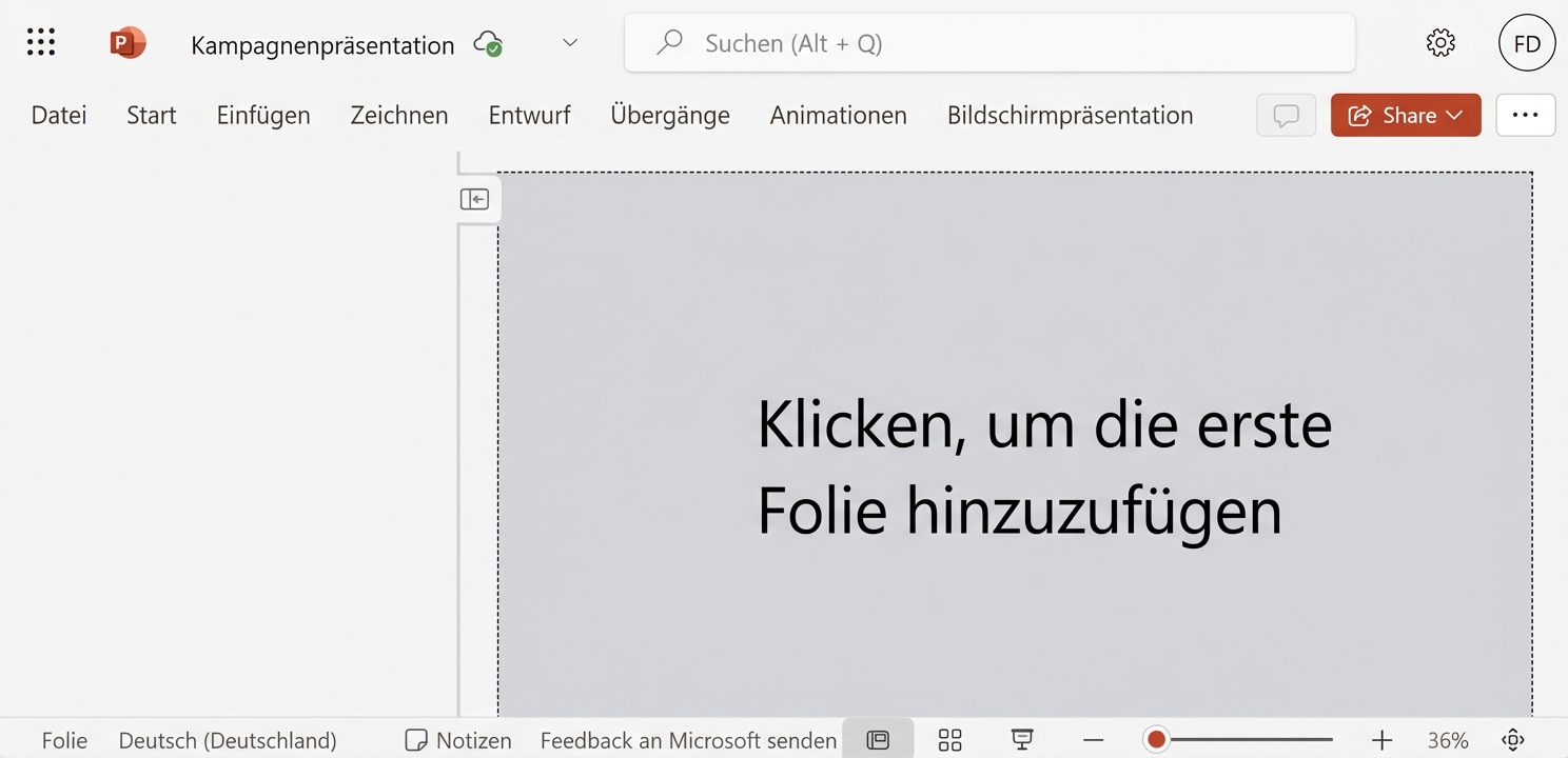 Ein Screenshot von einer leeren PowerPoint-Präsentation.