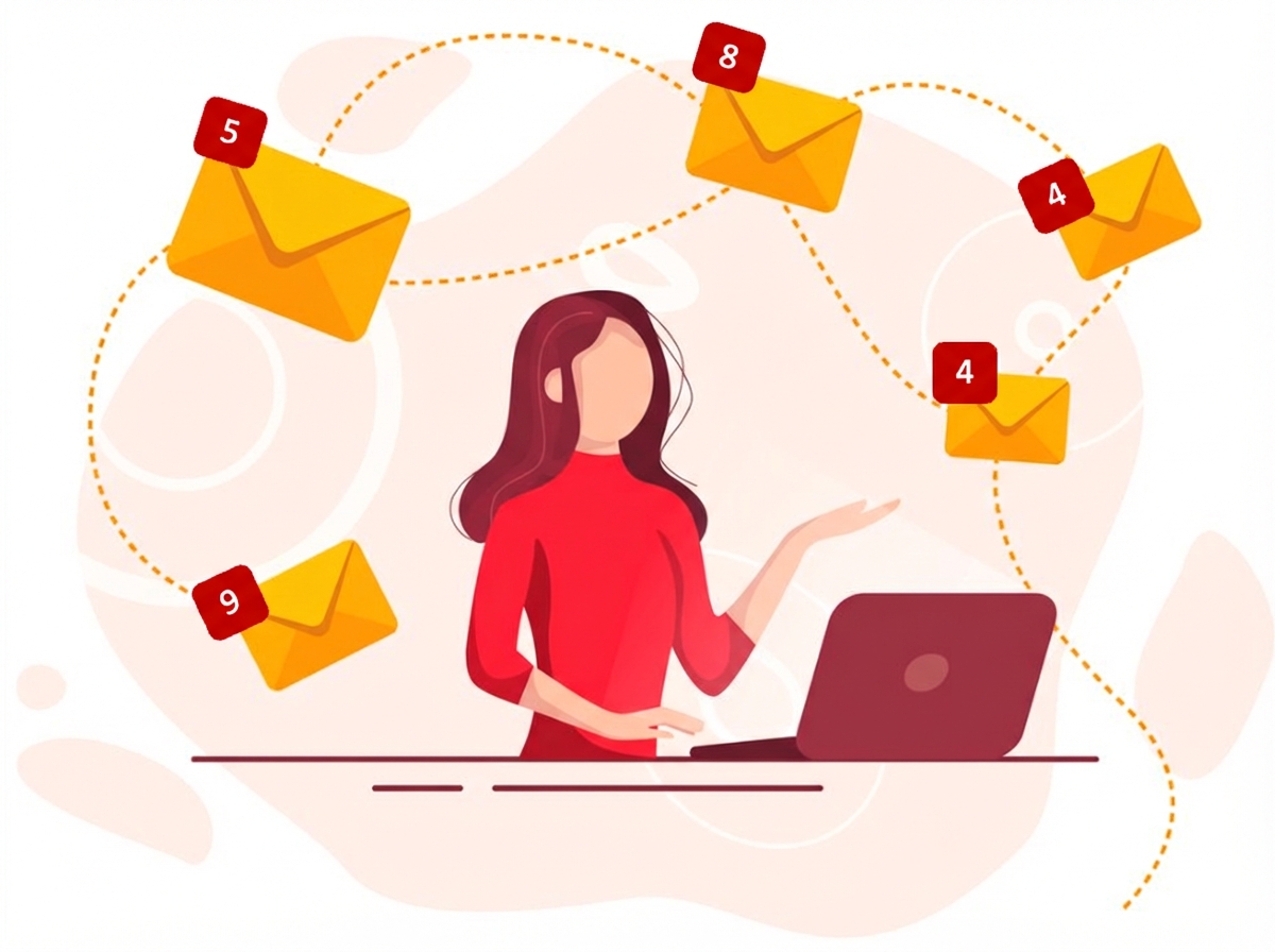 Ein Bild von einer Frau, die mehrere E-Mails beantwortet.