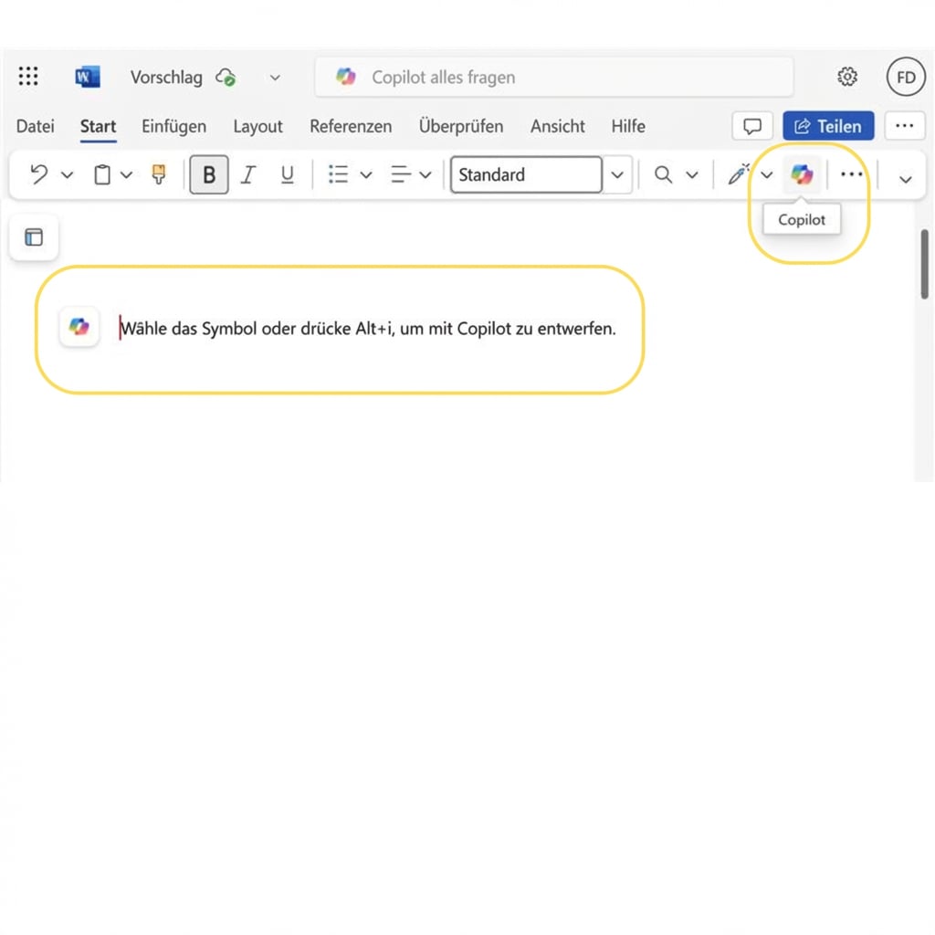 Screenshot eines leeren Dokuments in Word mit dem Hinweis „Drücken Sie ALT+I, um mit Copilot einen Entwurf zu erstellen“ und dem hervorgehobenen Copilot-Symbol