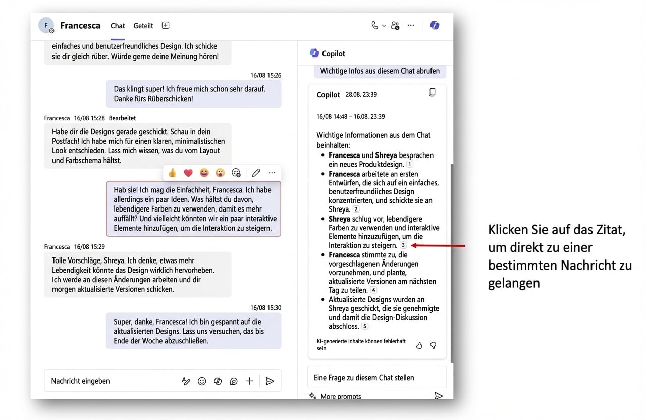 Screenshot eines Microsoft Teams-Chats mit einem geöffneten Neben-Chat, in dem die Antwort von Copilot angezeigt wird, sowie einem roten Pfeil, der auf einen Verweis zur ursprünglichen Nachricht zeigt.