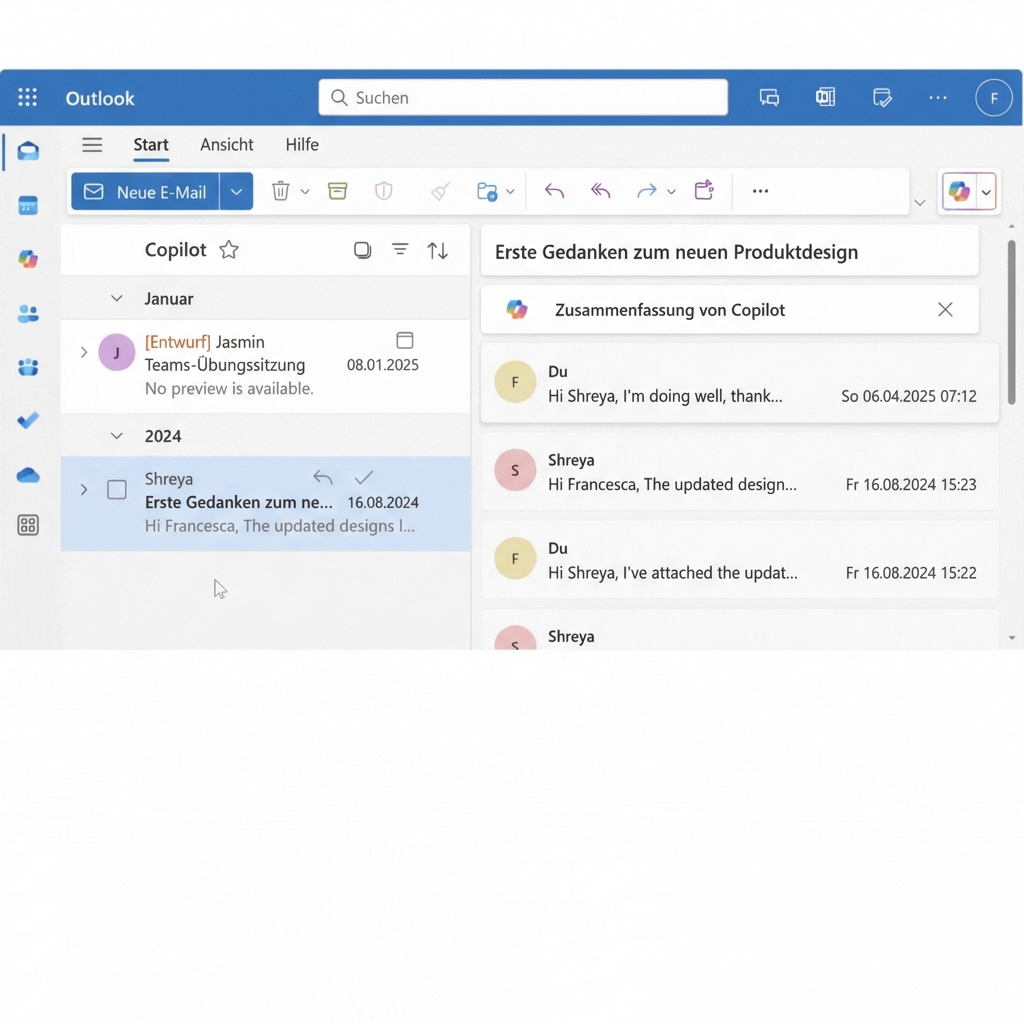 Ein langer E-Mail-Austausch zwischen zwei Kollegen, einer Produktmanagerin und einer Chefdesignerin.