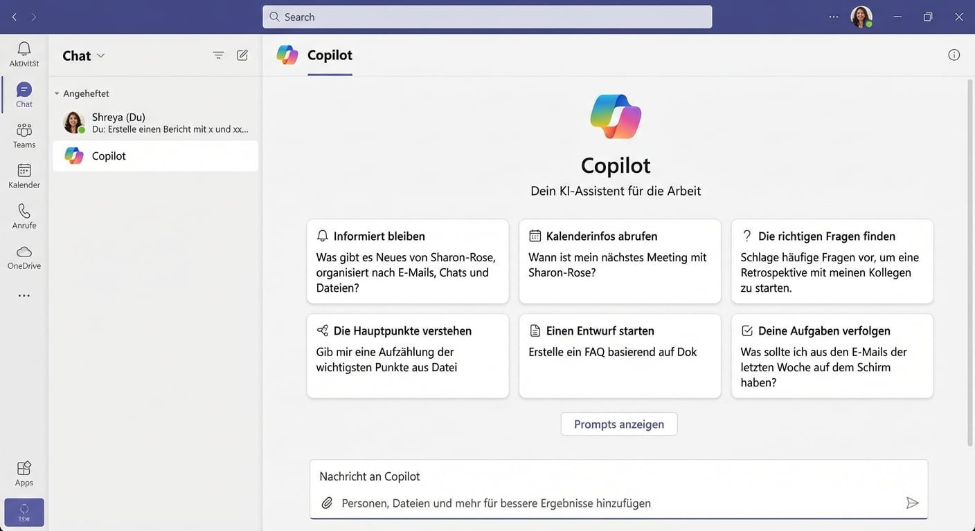 Ein Screenshot von Microsoft Teams mit dem geöffneten Copilot-Chat.
