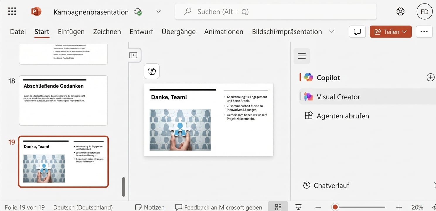 Ein Screenshot einer PowerPoint-Folie mit dem geöffneten Copilot-Chat, in welchem darum gebeten wird, die Folien zu organisieren.