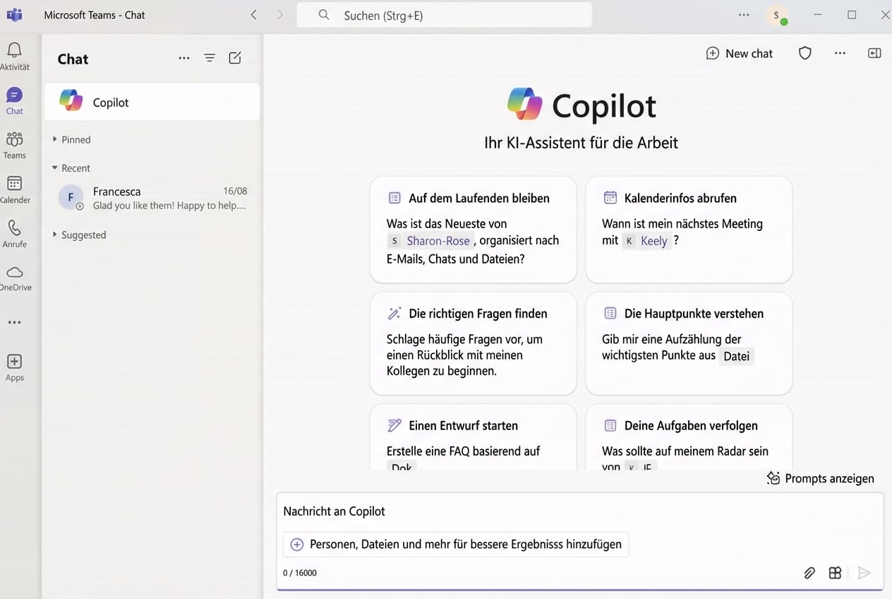 Ein Beispiel, wie jemand Copilot fragt, woran Francesca gerade arbeitet.