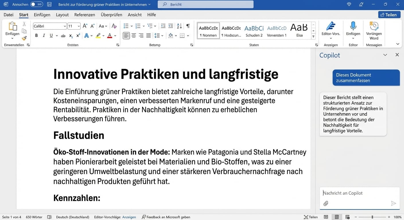 Ein Screenshot eines geöffneten Word-Dokuments mit einem geöffneten Copilot-Chat, der eine Zusammenfassung des Dokuments anzeigt.