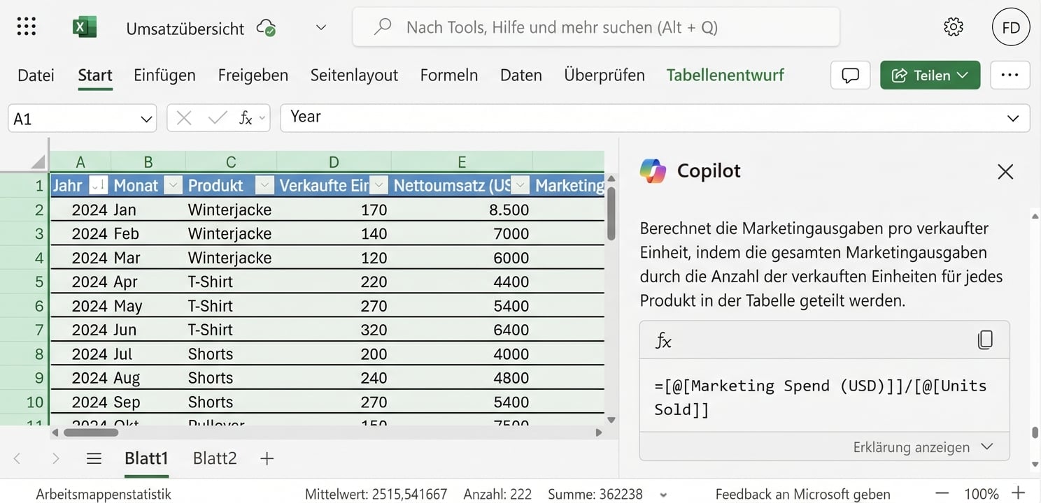 Ein offenes Excel-Dokument mit Daten zu Kleidungsstücken und ein Copilot-Chat am Rand mit der gewünschten Formel
