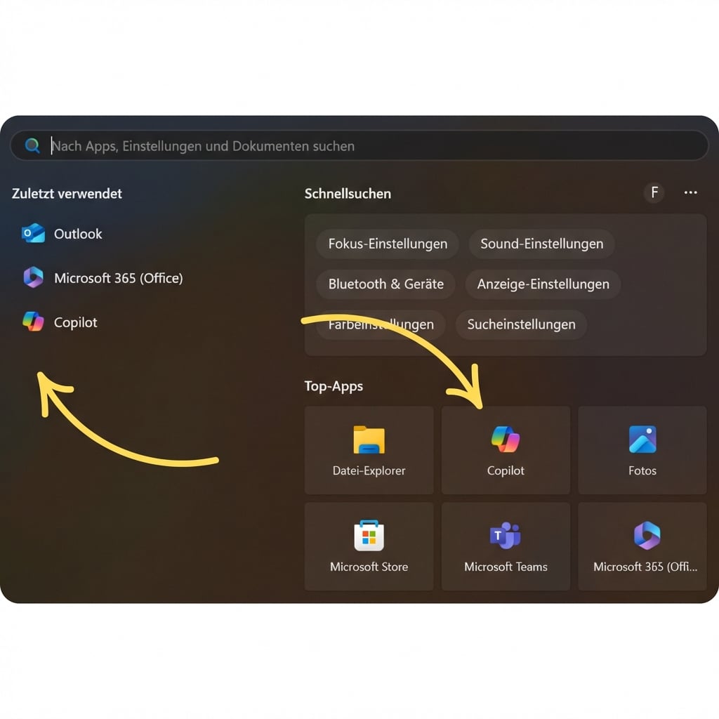 Windows-Suchleiste mit Pfeilen, die auf das Copilot-Symbol zeigen