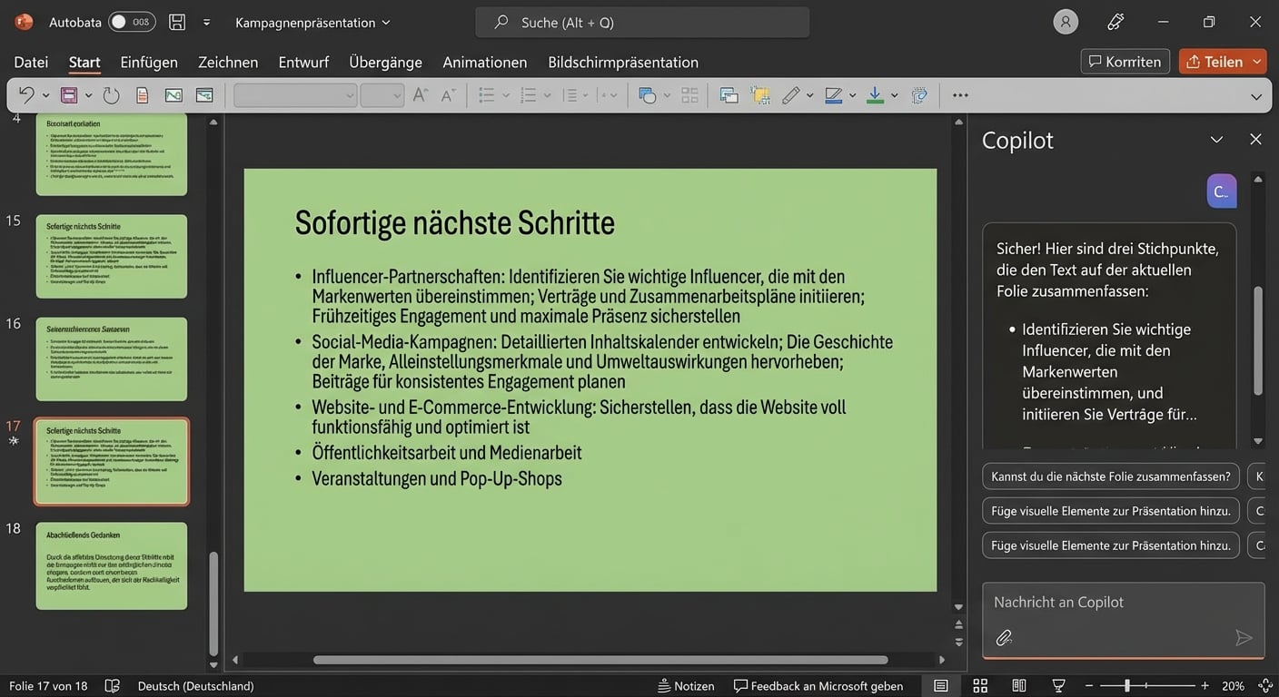 Ein Screenshot einer PowerPoint-Folie mit dem geöffneten Copilot-Chat und der darin ablaufenden Unterhaltung.