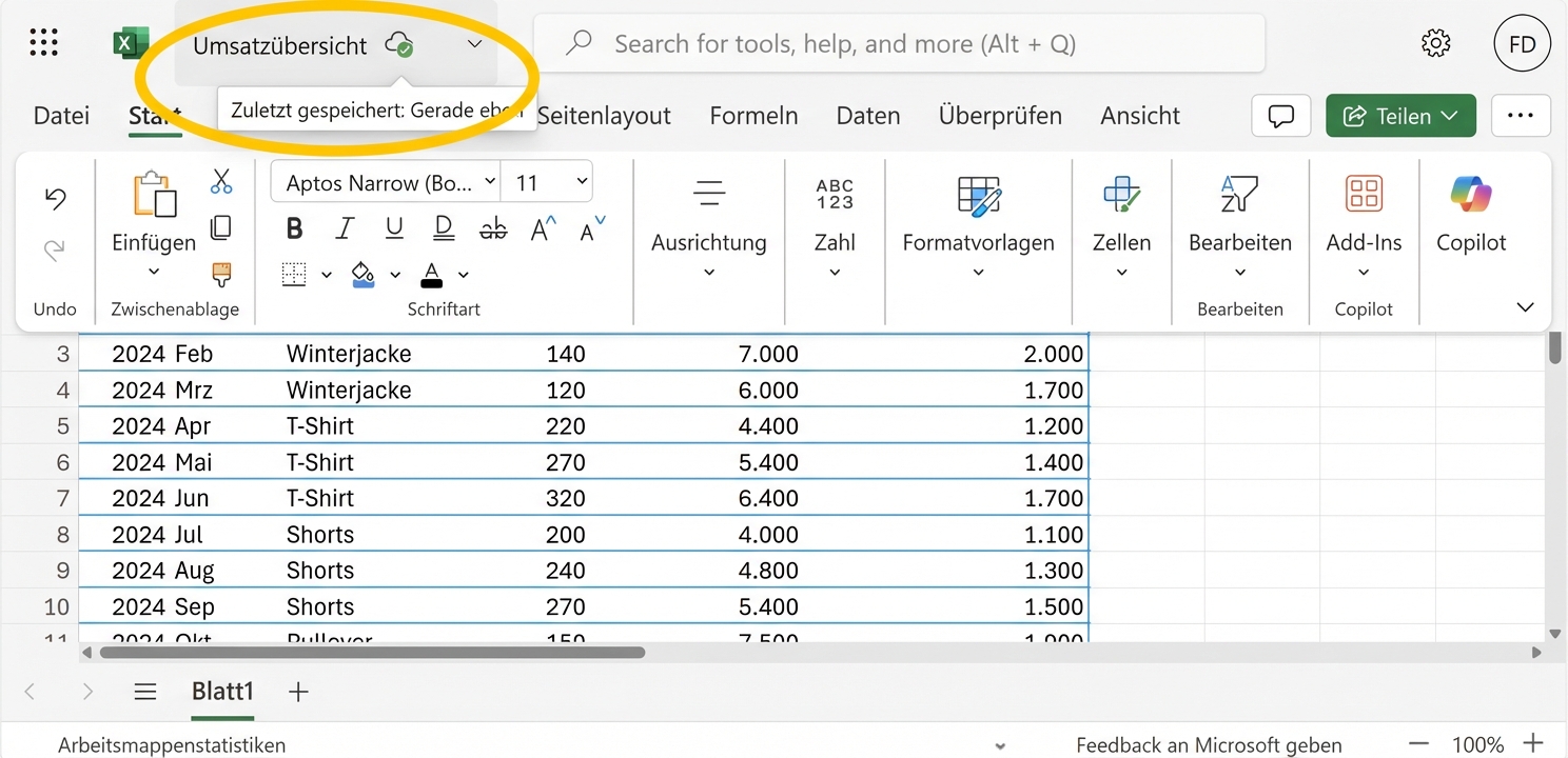 Screenshot von Excel-Tabellenblatt mit hervorgehobener automatischer Speicherung.