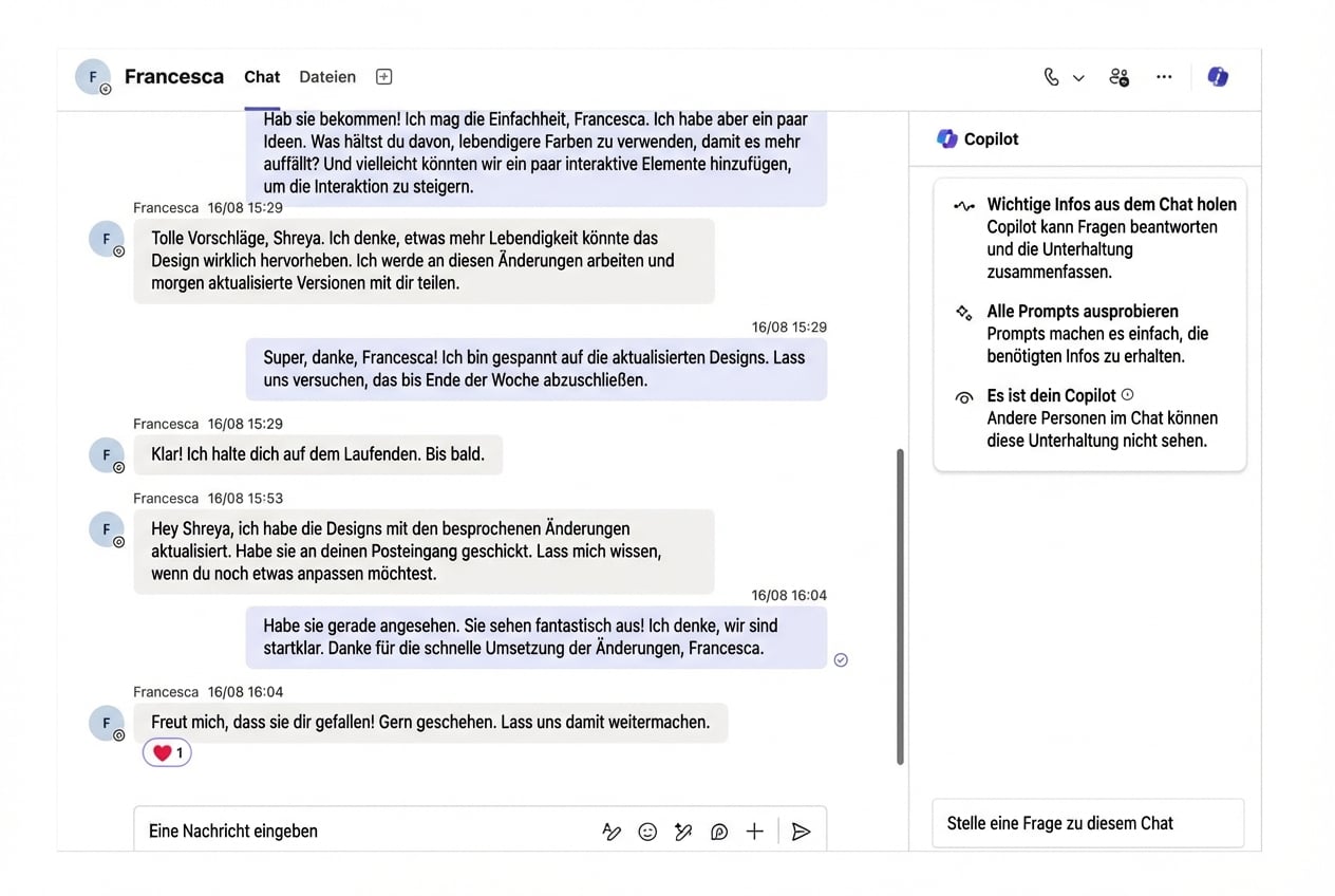 Screenshot von Microsoft Teams mit dem geöffneten Copilot-Chat und dem Copilot-Symbol oben links, rot eingekreist.